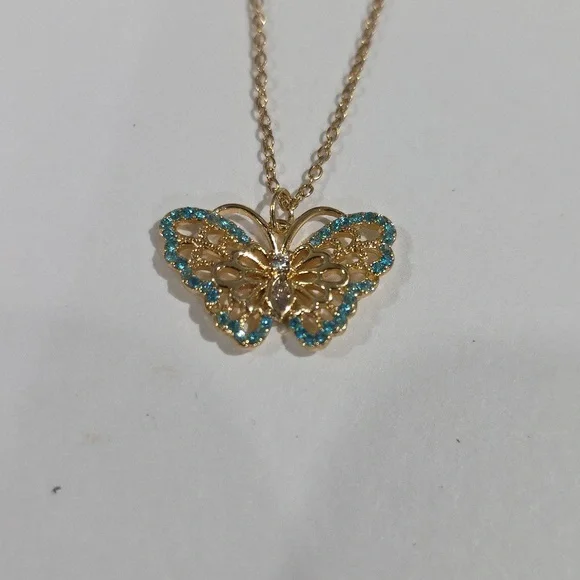 Gold Turquoise Butterfly Pendant Necklace & Stud Earrings Set  – Women’s Jewelry - Picture 7 of 8